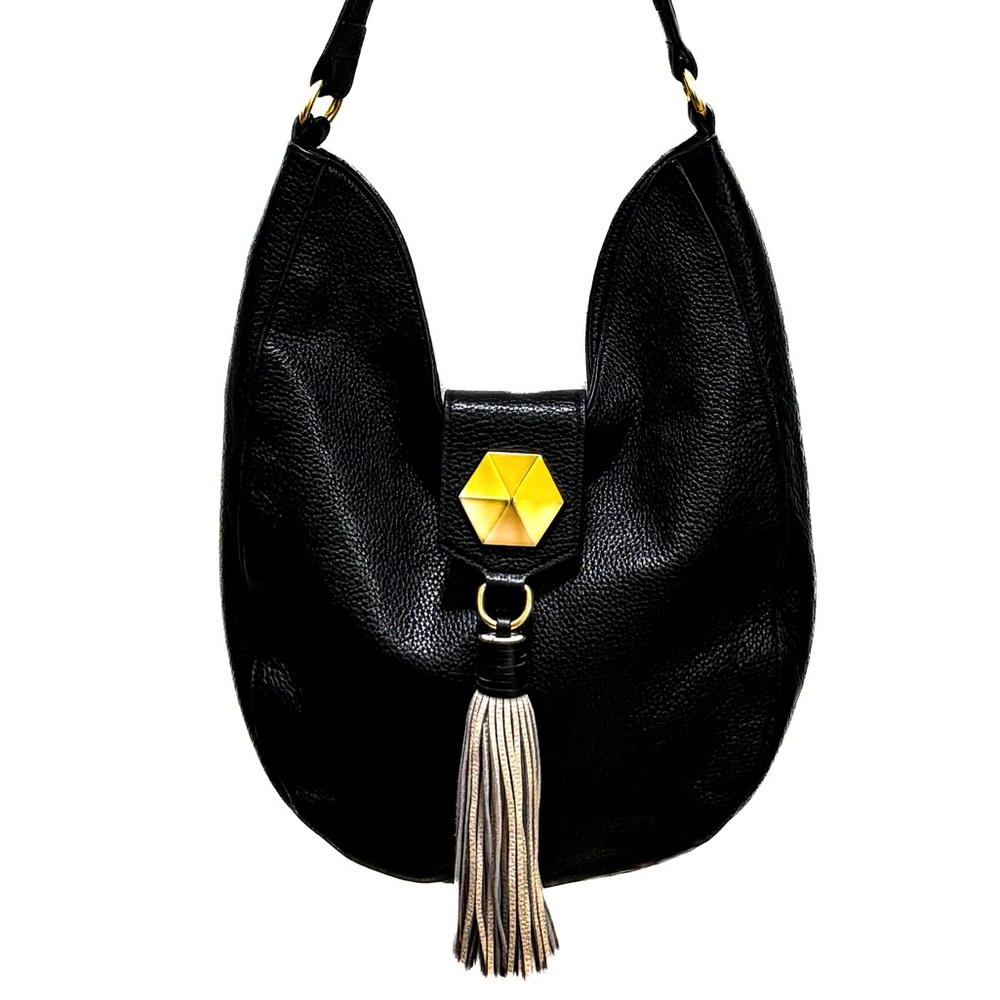 NEW - Badgley Mischka Black Leather Bailey Hobo Bag Gold Geometric Tassel Detail
